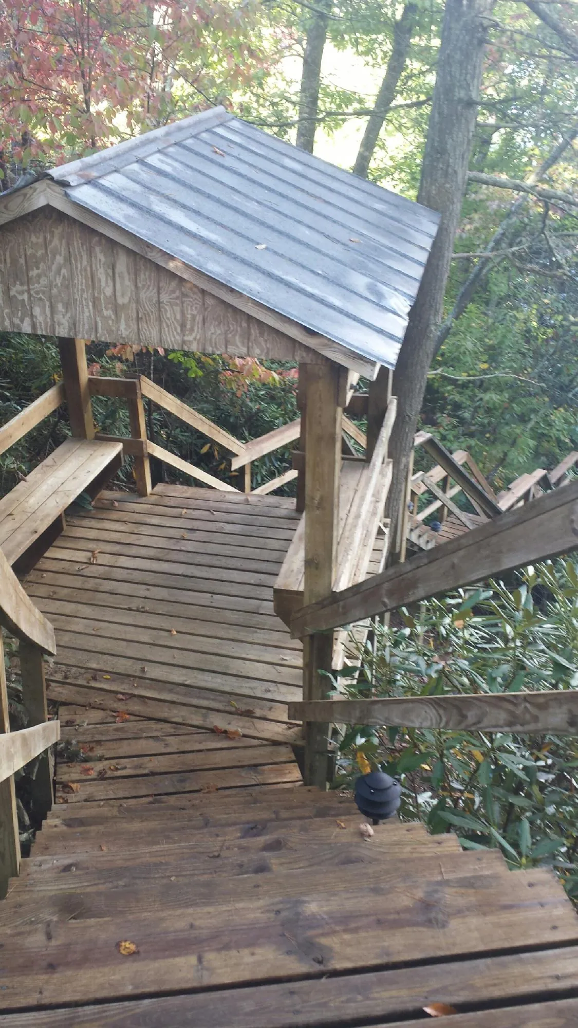 Metal roofed shelter over wooden steps on a wooded walkway — Skylight Repair & Installation work by our crew in Licking